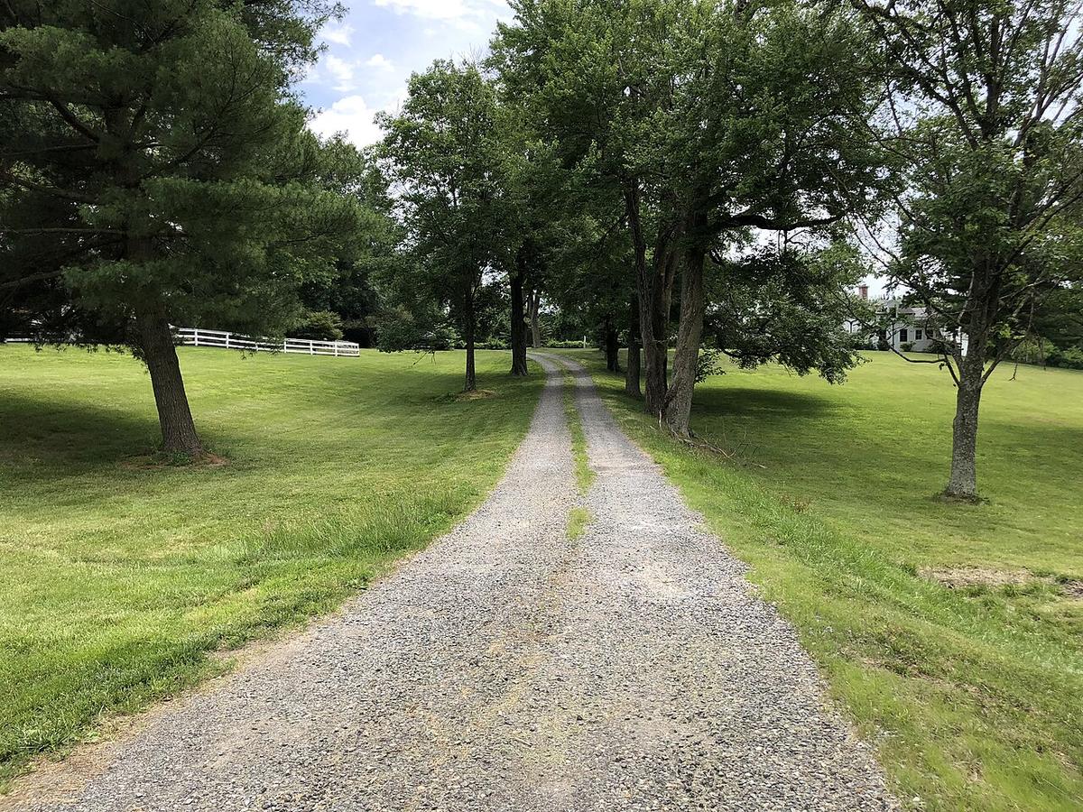 A long gravel driveway running between lawns and trees toward a farmhouse
